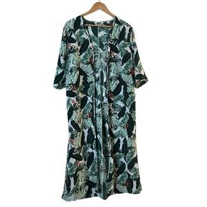 Rachel Zoe long green & white palm print duster kimono caftan cover-up O/S